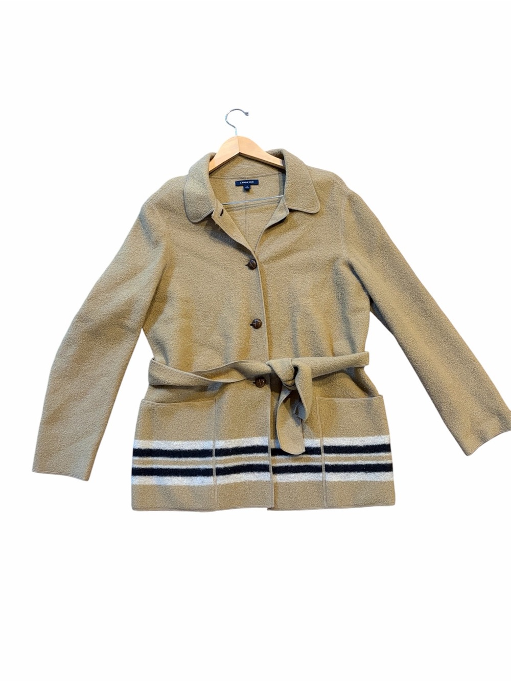 Lands’ End 100% Boiled Wool Belted Cardigan Jacket Camel Tan Size 14